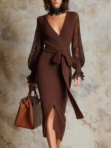 LUMIGAL Women's Lace Patchwork Front Slit Sweater Dress - Coffee Brown - View 2