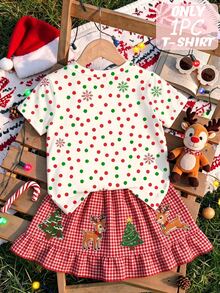 Girls' Short-Sleeve Christmas T-Shirt – Cute Cartoon Reindeer Print & Red-Green Polka Dots (Ages 4–7) - Multicolor - View 2