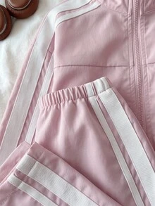 SHEIN 女童小女孩拼色條紋拉鍊外套配蝴蝶結、鬆緊腰長褲，復古套裝，日常穿著校園返校裝 - 藕粉色 - 查看 7