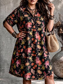 Ceyna 大尺碼女款法式休閒 1960 年代波希米亞哥德風優雅寬鬆花卉印花中袖洋裝 米色夏季度假早午餐裙 - 黑色 - 查看 3