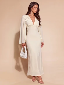 Bluhae 26 New Autumn/Winter Chiffon Flutter Long Sleeve Patchwork Knit V-Neck Women's Dress - Apricot - View 3