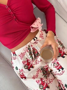 SweetSlumber Cute Christmas Sweet INS Contrast Color Santa Claus & Christmas Tree Print Fitted Sexy Women's Pajama Set - Multicolor - View 1