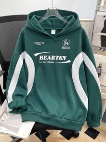 SHEIN 青少年女孩拼色字母印花寬鬆休閒運動衫 秋冬款 - 綠色 - 查看 4