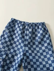 嬰兒男孩嬰兒女孩嬰兒男孩棋盤格格子圖案鬆緊腰休閒長褲，百搭舒適 - 藍色 - 查看 3