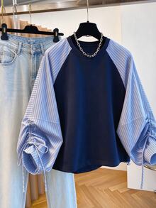 INAWLY Women's Patchwork Striped Raglan Long Sleeve Loose Casual Sweatshirt - Blue - View 5