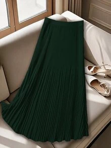 GlowEve CURVE Plus Size Elegant Solid Color Pleated A-Line Skirt For Work Fall Cloth For Women - Green - View 2