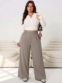 Solflare Plus Size Women's Plaid High Waist Wide Leg Loose Casual Long Pants - Brown - View 4
