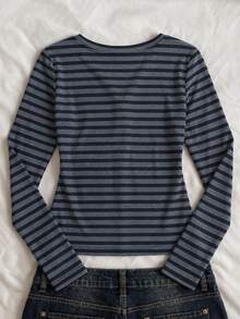 Tween Girl Versatile Striped Button Half-Placket Long Sleeve T-Shirt, Suitable For Daily Wear And School - White - View 2