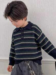 Dazy Kids Boys (Big) Polo Collar Contrast Color Striped Thick Knit Sweater, Basic Layering Piece For Autumn/Winter - Navy Blue - View 6