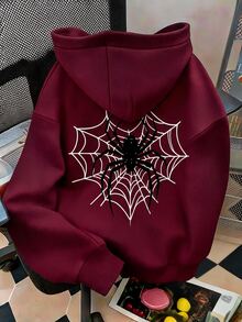 Tween Girls Spider Web Pattern Burgundy Zip-Up Sweatshirt, Red Long Sleeve Gothic Style Halloween Hooded Jacket, Suitable For Spring, Autumn And Winter - Multicolor - View 4