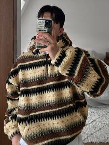 DAZY Autumn/Winter Teddy Fleece Vintage Striped Zip-Up Half-Open Hooded Sweatshirt For Men, Korean Style Hoodies - Multicolor - View 13
