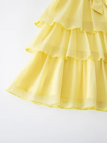 SHEIN 女童休閒仙女公主風黃色對比領收腰針織洋裝，生日禮物，夏季 7 歲生日，母女套裝 - 黃色 - 查看 4