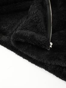 Easura Plus Size Autumn/Winter Fluffy Human Head & Horse Graphic Warm Versatile Spliced Brushed Fabric Hooded Zip-Up Jacket - Black - View 14