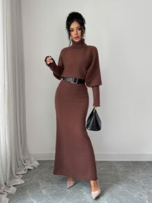 Elenzga Autumn/Winter Ribbed Sweater And Long Skirt 2 Pieces Set - Coffee Brown - View 3