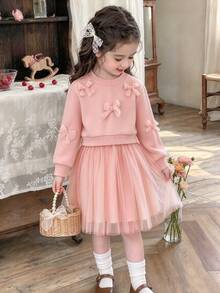 SHEIN Glamorique Kids 女童單件蝴蝶結裝飾圓領長袖網紗下擺洋裝，清新優雅、甜美可愛，適合秋冬穿著 - 粉色 - 查看 4