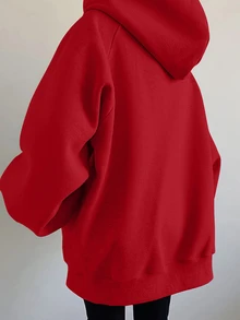 INAWLY Cardigan Wanita Ukuran Besar Longgar Kasual Berkerudung dengan Resleting untuk Musim Gugur - Merah - View 2