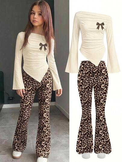 Tween Girl Bow Print Ruffle Bell Sleeve T-Shirt And Leopard Print Flared Pants Set