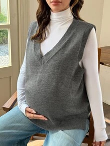 Dazy Maternity Solid Color Loose V-Neck Sleeveless Casual Vacation Korean Style Spring/Autumn Maternity Sweater Vest - Grey - View 3