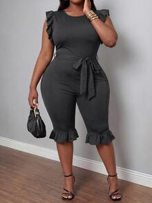 Slaydiva Women's Ruffle Sleeveless Fitted Cropped Jumpsuit With Belt, Black - Dark Grey - View 6