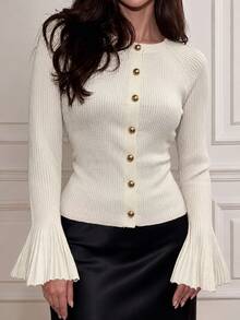 Modelyn Women's Flared Sleeve Button-Up Fitted Long Sleeve White Cardigan, Autumn/Winter - White - View 3