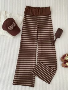 Comfortcana Large Flanged Waist With Patchwork Texture Striped Flared Pants, Suitable For Casual Wear - Brown - View 5