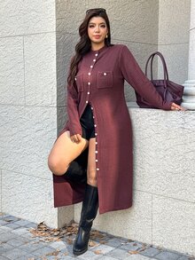 Easura Plus Size Half-High Neck Open Chest Pocket Button Design Sweater Long Sleeve Mid-Length Cardigan Comfortable Elegant Commute - Brown - View 3