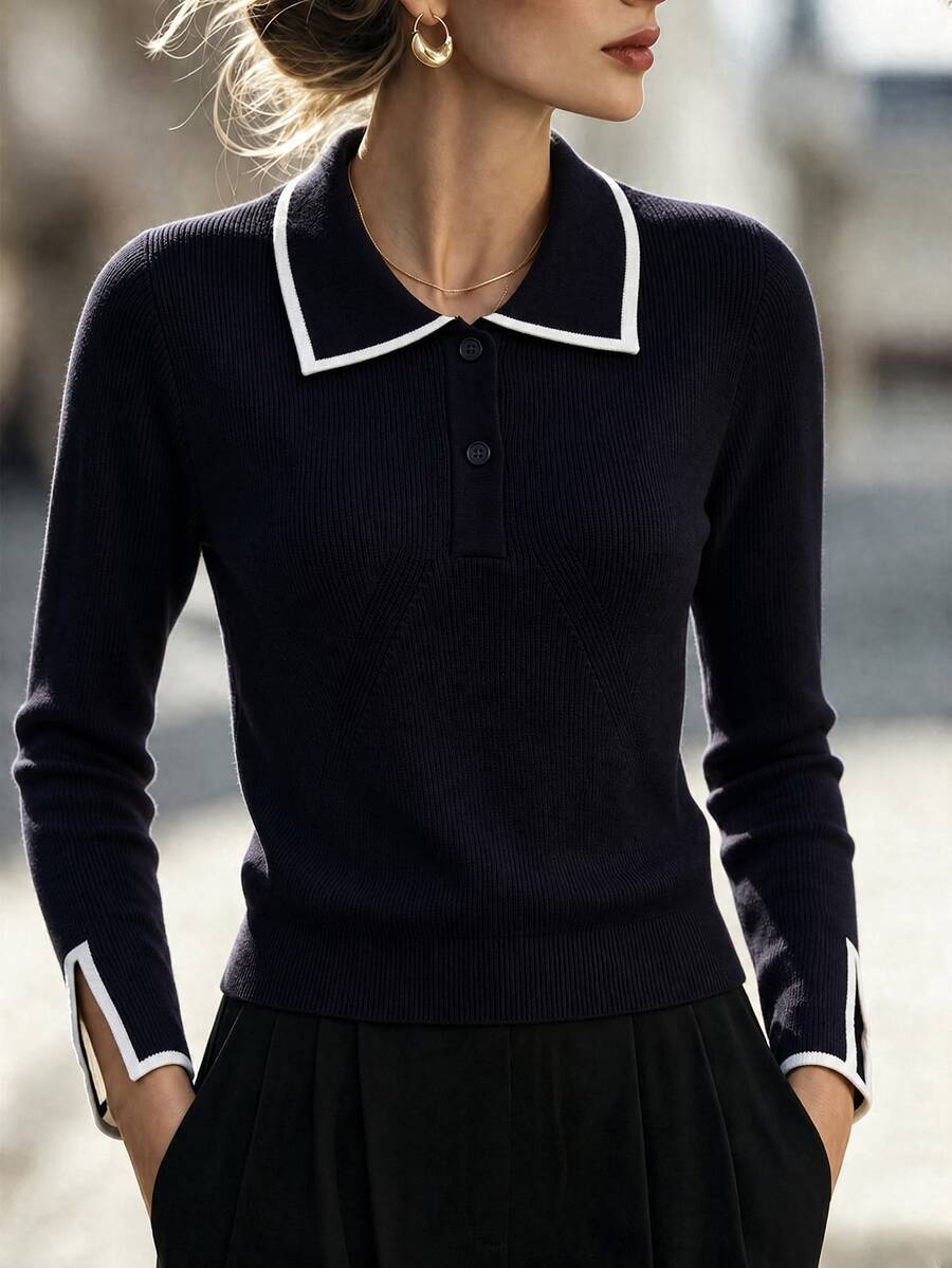 SHEIN 女款拼色休閒日常長袖針織衫 - 黑色 - 查看 1