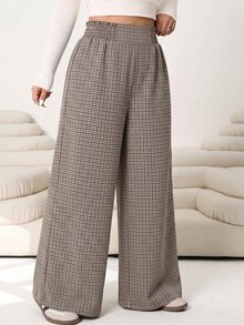 Solflare Plus Size Women's Plaid High Waist Wide Leg Loose Casual Long Pants - Brown - View 3