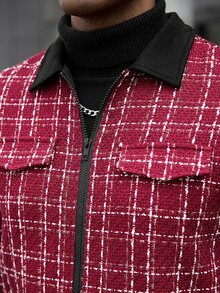 Manfinity CasualCool 男士休閒格紋拉鍊夾克，適合日常外出與朋友聚會，送給男友或丈夫的理想禮物，秋季風格，聖誕老錢風 - 彩色 - 查看 7