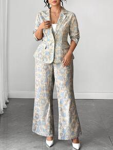 Elenzga Autumn Plus Size New European & American Style Faux Print Pattern Blazer Slim Fit Long Sleeve Jacket & Flared Long Pants 2 Pieces Set Green Print Pattern Suitable For Commuting, Daily, Office And Multiple Occasions - Green - View 5
