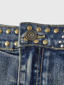 ROMWE Grunge Punk Y2K Retro Metal Rivet Design Mixed Color Frayed Patchwork Ultra Low Waist Mini Denim Skirt For Women - Blue - View 3