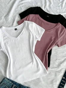 SHEIN EZwear 3件組女款夏季V領修身T恤，龐克次文化動漫純色基礎款短袖修身T恤 - 彩色 - 查看 4