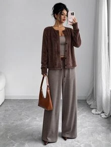 SHEIN Women's Knitted Solid Color Cardigan With Front Button Closure, Striped Slim Fit Camisole With Drawstring Detail, Elegant Casual Commute Daily Outing Pants 3 Pieces Set - Brown - View 7
