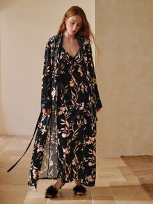 MOTF PREMIUM WOMEN'S FLORAL PRINT WAIST TIE CASUAL DAILY HOME SLEEPWEAR ROBE - Black - View 3
