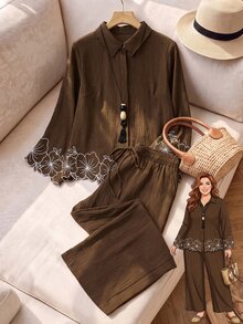 Rusticease Plus Size Vacation Embroidered Shirt And Drawstring Waist Pants 2 Pieces Set Fall - Brown - View 8