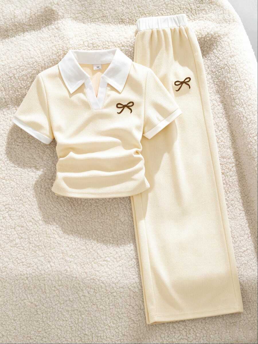 SHEIN 青少年女孩 2件/套 學院風休閒套裝,日常上學/外出/通勤穿著,度假穿搭,舒適可愛 - 杏色 - 查看 1