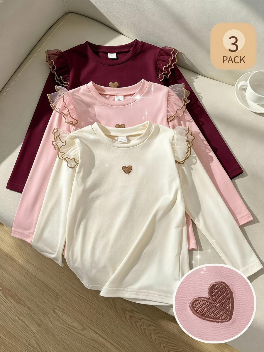 SHEIN 3pcs/Set Girls' Autumn/Winter Ruffle Flutter Sleeve Knitted Embroidered Heart Long Sleeve T-Shirt Back To School Black Baby Pink White Fairy - Multicolor - View 1