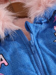 SHEIN 青少年女孩藍色冬季夾克 抓絨內裡連帽衫 K-Pop卡通圖案人造毛連帽背心 保暖寒冷天氣穿搭 - 藍色 - 查看 8