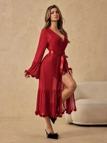 HautHeat Women's Solid Color 3D Floral Decor Elegant Robe - Burgundy - View 2
