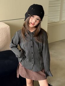 Dazy Kids Tween Girl Striped Casual Long Sleeve Shirt For Daily Wear - Black - View 6