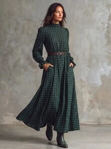 Solivie Women's Autumn Green Plaid Dress Long Sleeve - Green - View 6