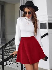 Serisse Rok Corduroy Polos Model A-Line Kasual, Musim Gugur, Musim Dingin untuk Wanita Warna Merah - Merah - View 4