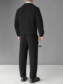 SLATEMANN Setelan Jas Pria Musim Gugur/Dingin Warna Hitam Campuran Wol, Jaket Kerja Berkerah + Celana Panjang Lurus, Set 2 Potong Kasual Premium untuk Berkomuter. - Hitam - View 2