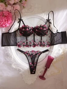 Crystal Vow 2件組酒紅色玫瑰刺繡鋼圈內衣與內褲套裝 女款 - 黑色 - 查看 4