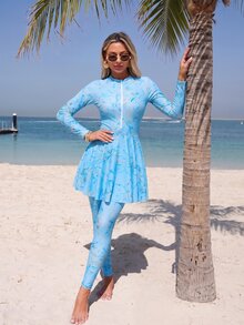 Swim Shayni Zipper Elegant Casual Conservative Women's Burkini Swimsuit Set, Suitable For Beach And Seaside Vacation - Baby Blue - View 4