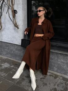 CLARA VERO طقم ماكسي محبوك بياقة قميص بني، للشارع أو المنزل، بأزرار أمامية، تنورة مستقيمة، بفتحة خلفية - شوكولاته بني - مشاهدة 1