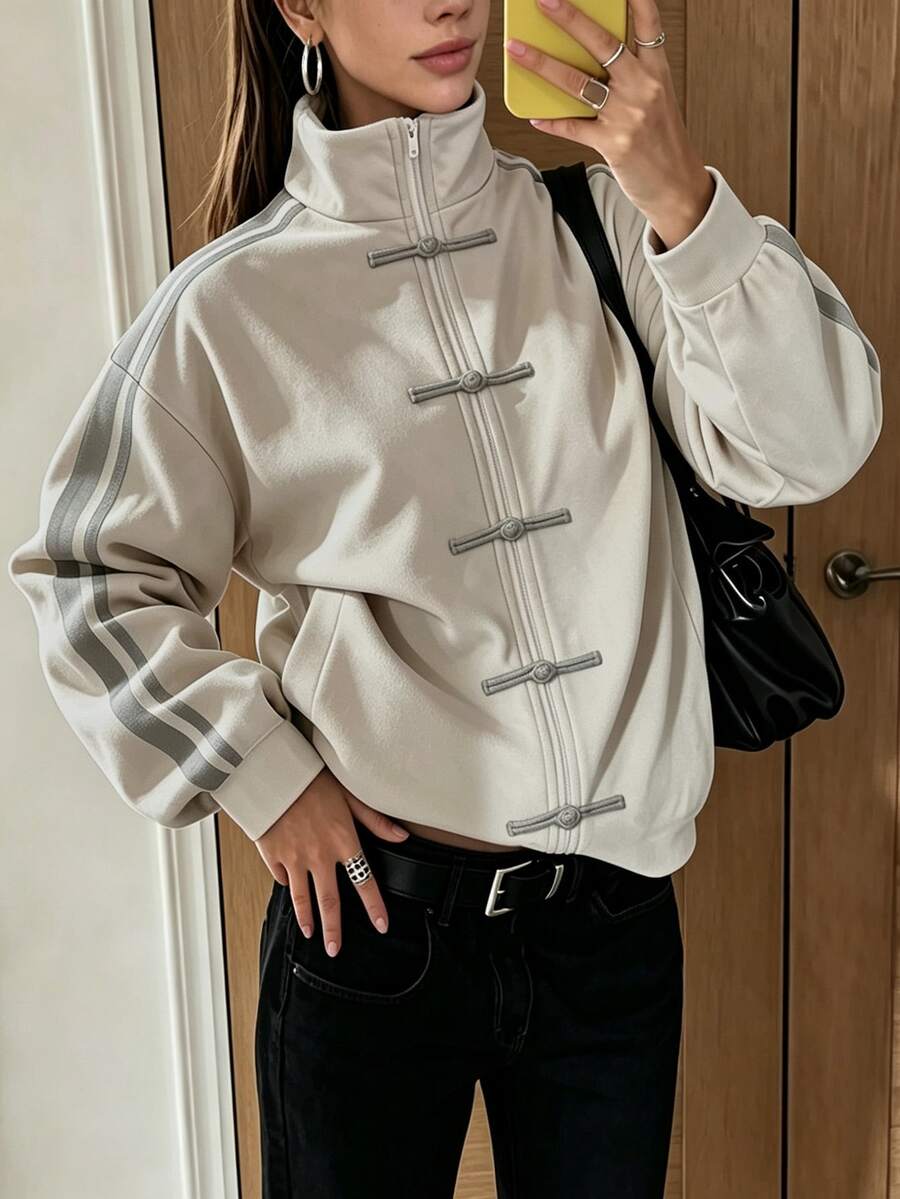 New Chinese-Style Buttoned Stand Collar Jacket For Women, Light Apricot Color With Side Stripe, Loose Retro Sporty Zip-Up Sweatshirt - Multicolor - View 1