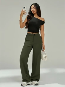 SHEIN PETITE 女款彈性純色優雅休閒西裝長褲 秋冬搭配黑色女式西裝褲 小碼女款辦公通勤 - 軍綠色 - 查看 4