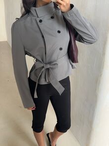Glamine 復古純色通勤雙排扣繫帶極簡休閒風衣外套 - 深灰色 - 查看 4