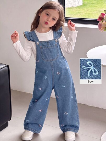 SHEIN Genkimix Kids Girls' Denim Overalls, All-Season, Cute Casual Style, Vintage Light Blue Denim Color, Flutter Sleeve With Pink Heart Embroidery Design, Loose Straight-Leg Fit, Soft And Comfortable Fabric, Suitable For School, Commuting, Fashionable Versatile Outdoor Wear, All-Season Girls' Denim Overalls